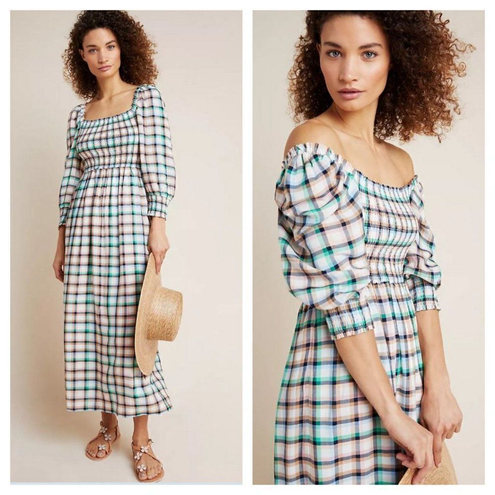 Anthropologie Maeve Cerie Smocked Midi Dress Gingham Plaid Multi Size S